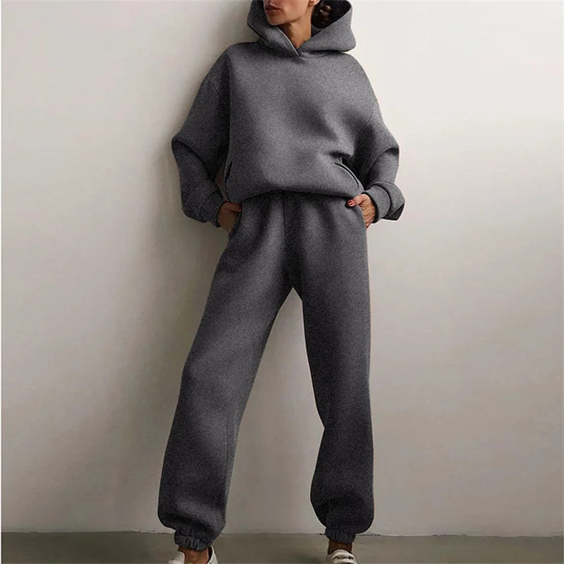 Women'S Tracksuit Suit Autumn Fashion Warm Hoodie Sweatshirts Two Pieces Oversized Solid Casual Hoody Pullovers Long Pant Sets