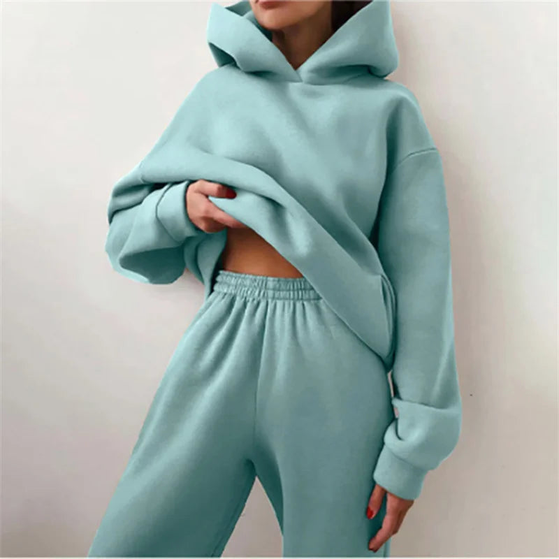 Women'S Tracksuit Suit Autumn Fashion Warm Hoodie Sweatshirts Two Pieces Oversized Solid Casual Hoody Pullovers Long Pant Sets